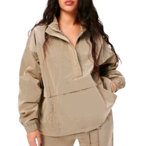 Good American Beige Shine Oversized Anorak Windbreaker Jacket